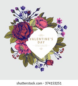 Vector Card with Vintage Victorian Graphic Floral Composition and Heart-Shaped Frame for Your Text.  Greeting Postcard, Wedding Invitation. EPS8