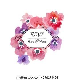 Vector Card with Watercolor Flowers. Poppies and Anemones Hand Drawn Illustration. Can Be Used as Greeting Card, Invitation Card for Wedding, Birthday and Other Holiday and Summer Background.