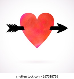 Vector card with watercolour painted heart pierced with an arrow. Template for St. Valentines day card, elegant wedding invitation, promotion coupon of gift for two in February, concept of love