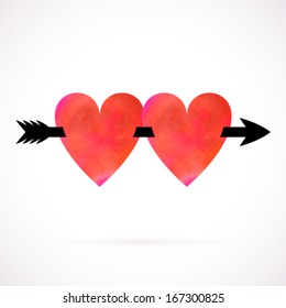 Vector card with watercolour painted hearts pierced with an arrow. Template for St. Valentines day card, elegant wedding invitation, promotion coupon of gift for two, concept of love, family, unity