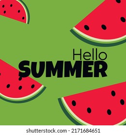 Tarjeta vectorial con sandía y letras. Hola verano. Banner tipográfico imprimible para el diseño de verano. Dibujar a mano fruta abstracta.