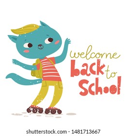 Vector card Welcome back to school with cute fox character and lettering. Kids art decoration. 