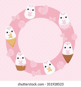 Vector card with white bunny with heart, ice cream, pink roses and polka dots bows.  Abstract flat design.