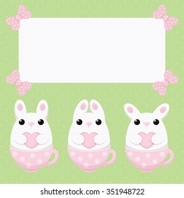 Vector card with white bunny with heart in pink tea cup and polka dots bows. Abstract flat vintage design.