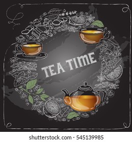 Vector card with a white outline hand drawn cup, pot, leaf, lemon on black, handwritten words Tea Time.