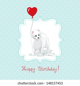 Vector card. White Spitz holds a balloon heart. Figured frame, simple seamless background with polka dots. Beautiful hand-lettering - Happy birthday.