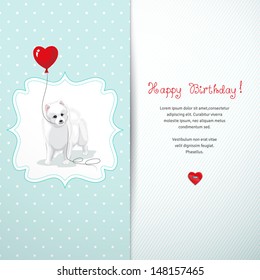 Vector card. White Spitz holds a balloon heart. Simple seamless background with polka dots. Beautiful hand-lettering - Happy birthday. Realistic shadow.