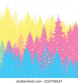 Vector card of wild coniferous forest in printed colors and falling snow. Spruce forest in CMYK colors on the hills dissolving on the horizon