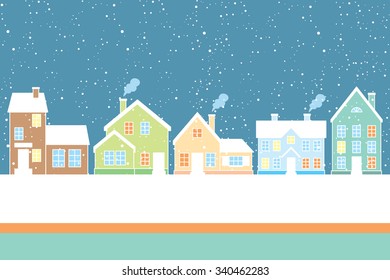 Vector card with winter city landscape. Winter houses. Vector illustration.