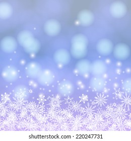 Vector card with winter decor, various snowflakes, shining Christmas lights on blue blurry frozen background