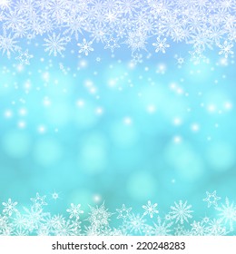 Vector card with winter decor, various snowflakes, shining Christmas lights on blue blurry frozen background