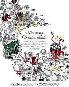 Vector card of winter hot drinks. Cocoa with marshmallows, hot chocolate, spicy pumpkin latte, mulled wine with gingerbread	