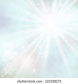 Vector card with winter sun and sky, falling snow and various snowflakes, shining Christmas lights on blue blurry frozen background
