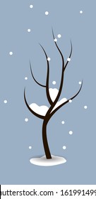 Vector card with winter tree landscape on blue background for decoration design. Lonely black trunk with bare branches covered with snow. Simple picture of freezing isolation and falling snowflakes..