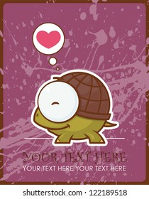 Vector card wit  cute cartoon turtle character.
