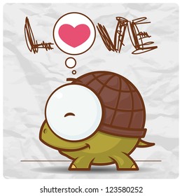 Vector card wit  cute cartoon turtle character.