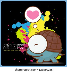 Vector card wit  cute cartoon turtle character.