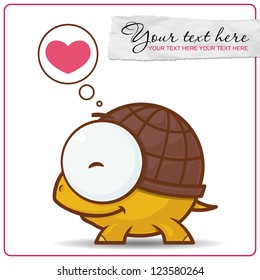 Vector card wit  cute cartoon turtle character.