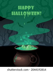 Vector card with witch cauldron full of potion