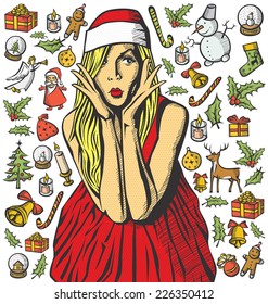 Vector Card with Woman, and Christmas, and New Year elements