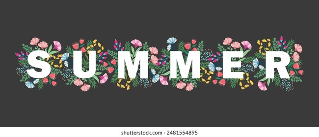 Vector card with word "Summer" made from different floral elements: flowers, berries, leaves, branches . Floral blue background. Bright natural card.
