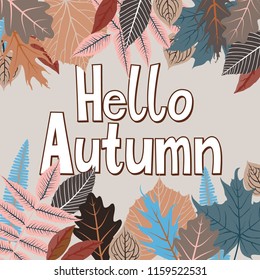 Vector card with words hello autumn and fall leaves. Fall floral background. Autumn banner with foliage. Card with colorful hand drawn leaves and lettering. Hand drawn composition on yellow background