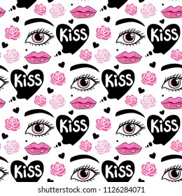 Vector Card World Kiss Day. Seamless pattern background. Lips and kisses.