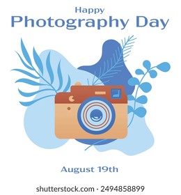 Vector card for World Photographer's Day 2024, minimalistic camera, abstract background, greeting card