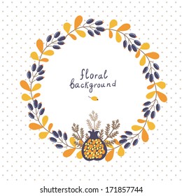 Vector card with wreath from berries, leaves and pomegranate  on the doted background