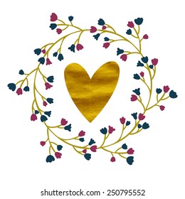 Vector card with wreath from flowers and branches and golden heart on the white background.