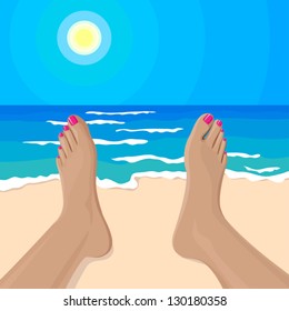 Vector card with yang girl's legs and pink nails on the summer beach. Handdrawn fresh background template. Outdoor illustration