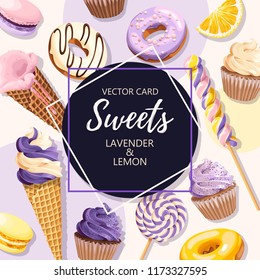 Vector card with yellow and lilac sweets