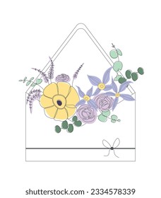 Vector card with a yellow and purple bunch of flowers in an envelope