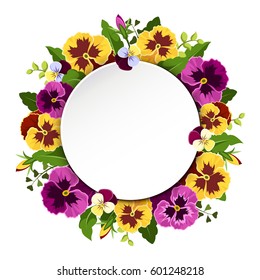 Vector card with yellow and purple pansy flowers and green leaves.
