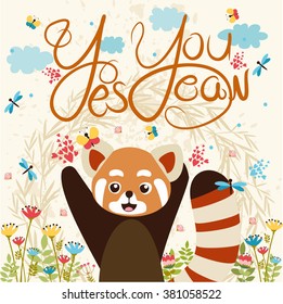 vector card yes you can. beautiful lettering with plant elements, flowers, insects and red panda