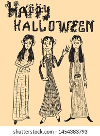 Vector card with the young witches for Halloween