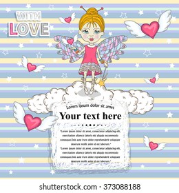 Vector Card for your design messages,text, with  flying on a clouds cute fairy and heart with wings Happy Valentines Day love heart,pink hearts on a blue   background with strip.Banner