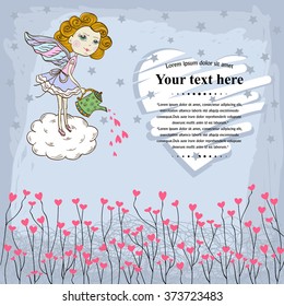 Vector Card for your design messages,text,copyspace,textspace with  flying in the sky cute fairy watering the text Happy Valentines Day of love heart,pink hearts on a blue background with stars.Banner