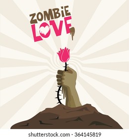 vector card zombie love.  hand sticks out of the grave and holds a pink flower. Illustration for the book, magazine. Risen zombies rotten hand. love Relationship