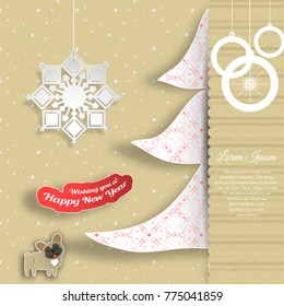 Vector cardboard art for Happy New Year with insert in the form of a white Christmas tree with pattern, text, snowflake, dog cut from paper on the background with snowfall.