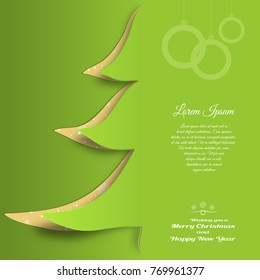 Vector cardboard art for Merry Christmas and Happy New Year with cutout silhouette in the form of a green Christmas tree, text on the green gradient background.
