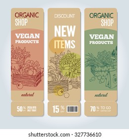 Vector cardboard banners set. Modern hand drawn design for sale and discount of vegetarian shop, web, site, advertising, poster and print. Concept for natural organic products shop, flyer design.