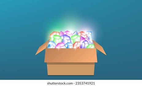 Vector cardboard box filled with precious bright shiny sparkling colored stones.