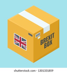 Vector cardboard box icon. On the box is the flag of Britain and the text: Brexit Box. Closed Box in flat minimalism isometric style.