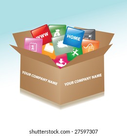 Vector cardboard box whit web buttons / promotional box
