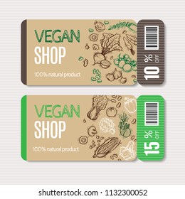 Vector cardboard coupon set. Modern hand drawn design for sale and discount of vegetarian shop, web, site, advertising, sticker and print. Concept for natural organic products shop, flyer design.