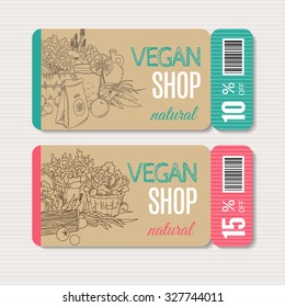 Vector cardboard coupon set. Modern hand drawn design for sale and discount of vegetarian shop, web, site, advertising, sticker and print. Concept for natural organic products shop, flyer design.