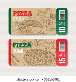 Vector Cardboard Coupon Set. Modern Hand Drawn Design For Sale And Discount Of For Cafe, Restaurant, Pizzeria, Web, Site, Advertising, Sticker And Print.