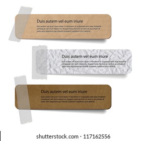 Vector cardboard and crumpled paper labels attached with a sticky tape