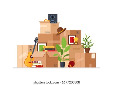 Vector cardboard packaging boxes in flat cartoon style. Concept for home moving. Delivery box package with various household thing. Family relocated to new house. Clothes, books, plants, guitar, ball.